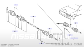 Aandrijfas vooras Nissan Terrano2 R20 39100-7F00A Schade.