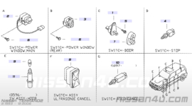 Switch ascd cancel Nissan 25300-62J00 A32/ CA33/ D40/ F24/ J30/ P11/ P12/ R20/ R50/ R51/ T30/ WD21/ WP11/ Y61/ Z32/ Z33 Used part.