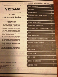 Service manual '' Model F22, H40 series '' SM2E-F2H4G0 Nissan Cabstar F22 / H40 Gebruikt.