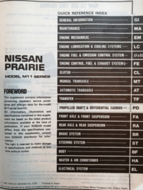 Service manual ''Model M11 series supplement-I'' Nissan Prairie M11 SME2-M11SE0 Used part.