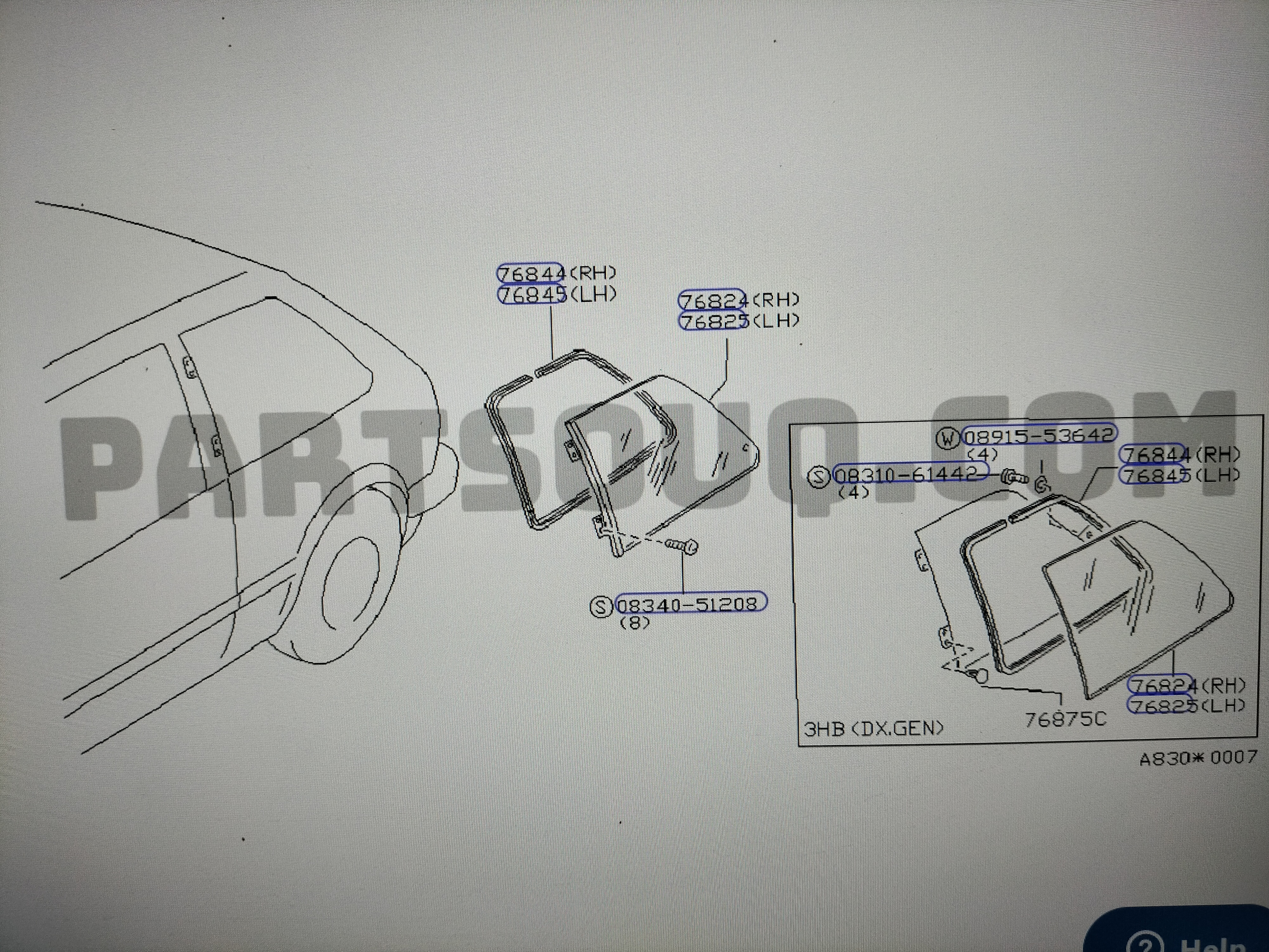 Glass side window, left-hand Nissan Micra K10 83301-05B01 Used part.