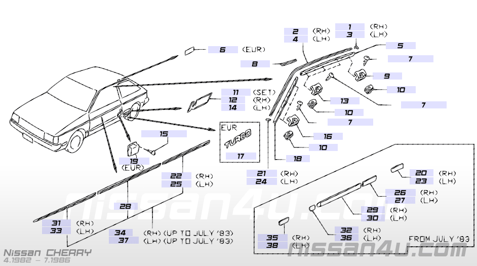 Moulding-front door, left-hand Nissan Cherry N12 80873-35M00 Orginal.