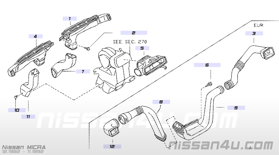 Duct-side demister Nissan Micra K10 27820-04B00 Used part.
