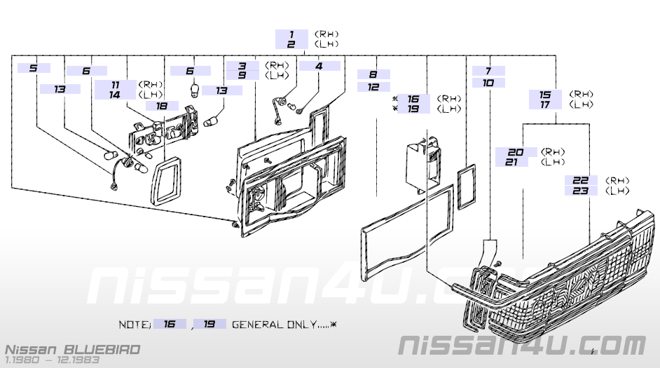Achterlichtglas rechts Nissan Bluebird 910 26521-W2200 (IKI 4258) Origineel.
