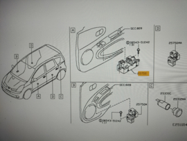 Raambedieningsshakelaar bestuurderskant Nissan Note E11 25401-9U11B Origineel.