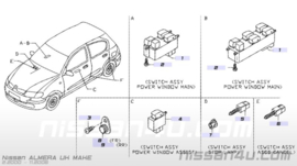 Raambedieningsschakelaar bijrijderskant Nissan 25411-0V000 D22/ N16/ V10/ Y61 Origineel.