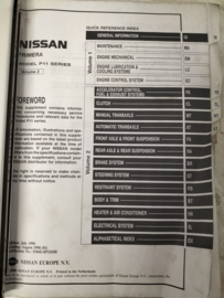 Service manual '' Model P11 series '' Volume 2 SM6E-0P11E0E + Volume 1+ 2 SM7E-P11SE0E supplement II Nissan Primera P11 pre-Facelift. Used part.