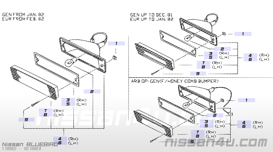 Knipperlicht rechtsvoor Nissan Bluebird 910 26120-W2200 Gebruikt. Lichte schade.