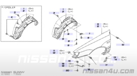 Binnenscherm linksvoor Nissan Sunny N14 63843-50C00 Gebruikt.