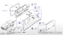 Zijruit rechtsachter Nissan Terrano2 R20 83340-0X001 (43R-004524) Gebruikt.