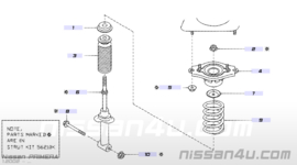 Veerpoot achteras zilver/geel Nissan Primera P12 Wagon 55020-AV710 + 56210-BA026 Gebruikt.