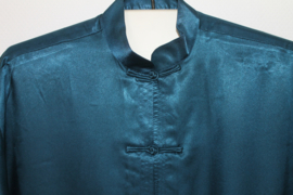Blauwe korte mouwen glanzende zijde blouse, overhemd met 2 zakjes voor mannen  maat M. L