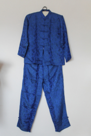 Luxe Zijden Lounge Set – Uniseks (Shirt & Broek)Diepblauw met Bloemenprint
