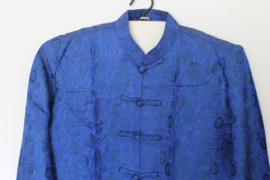 Luxe Zijden Lounge Set – Uniseks (Shirt & Broek)Diepblauw met Bloemenprint