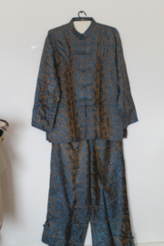 Luxe Zijden Lounge Set-  Grijs met Elegante Bloemenprint 