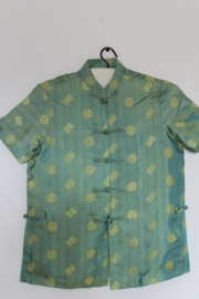 Zijden Lounge Set – Uniseks (Shirt & Broek)avocado groene stempel, maat S- X L- XXl