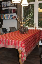 Handgeweven Tafelkleed – Rood Brokaat met Banen –Cham Etnisch Handwerk