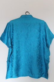 Zijden Lounge Set – Uniseks (Shirt & Broek) blauw, bloemen printen maat  S- XXl