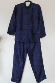 Luxe Zijden Lounge Set- Donker Blauw met Elegante Bloemenprint