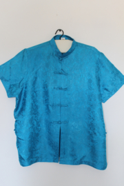 Zijden Lounge Set – Uniseks (Shirt & Broek) blauw, bloemen printen maat  S- XXl