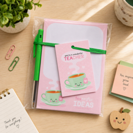 Kadoset voor de juf – A6 notitieblok met pen & kaartje “You’re a wonderful teacher”