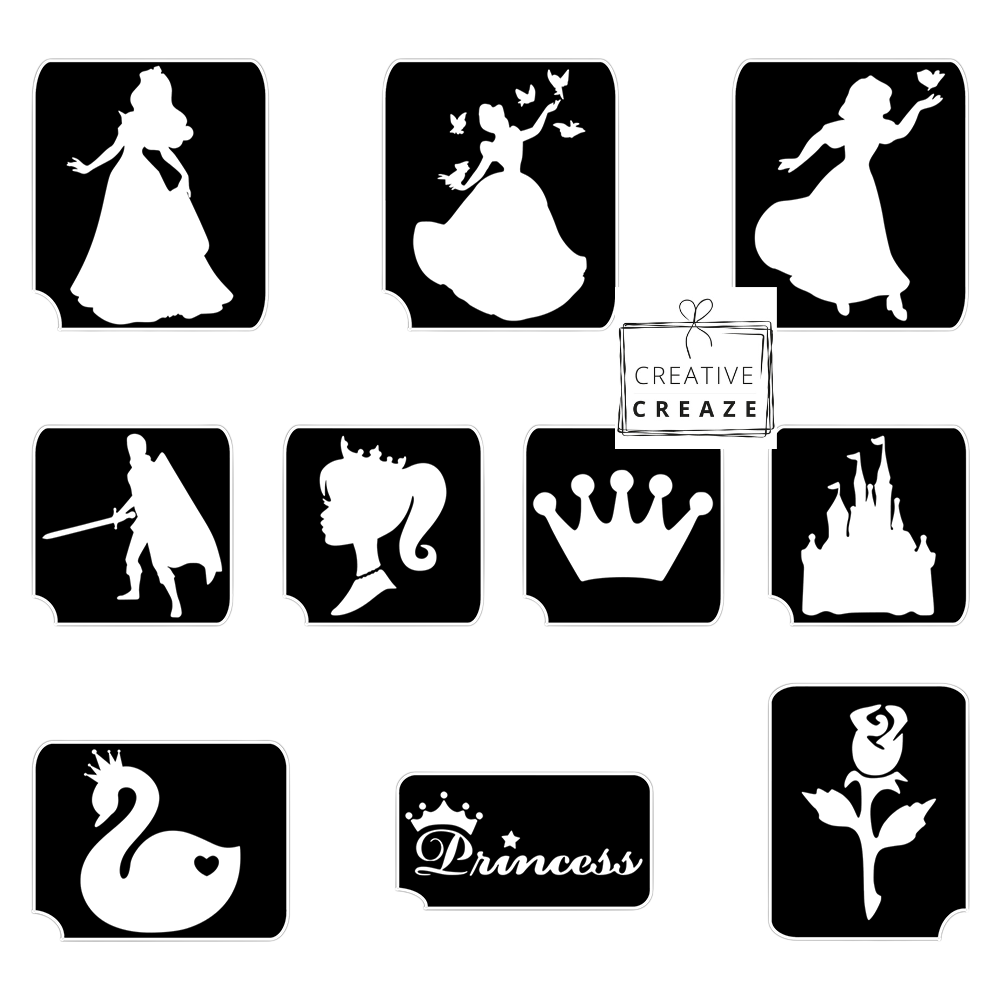 Assortiment glittertattoosjablonen Prinsessen 2 - 10 sjablonen