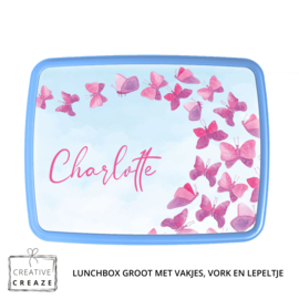 Lunchbox met naam | Roze vlinders