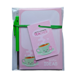 Kadoset voor de juf – A6 notitieblok met pen & kaartje “You’re a wonderful teacher”