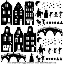 Raamsticker stadje Sinterklaas met optie uitbreidingspakketten voor Halloween &  Kerstmis - herbruikbaar