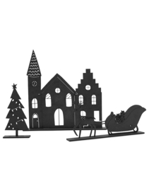 Kerstset: Houten kerkje, slee en boompje