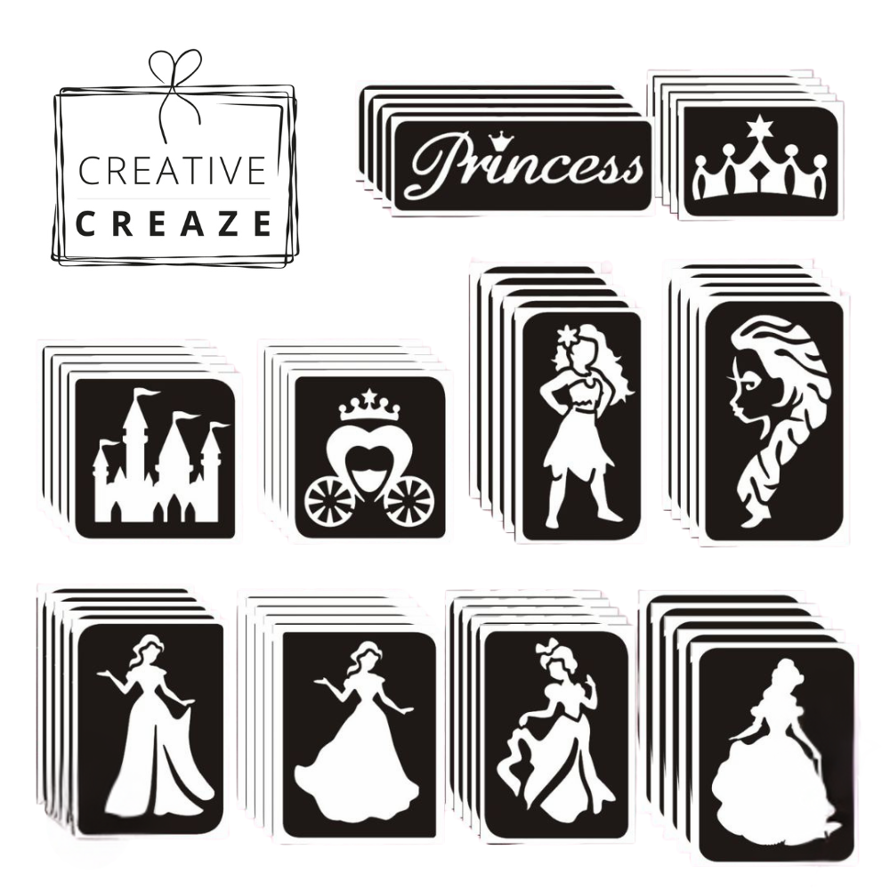 Assortiment glittertattoosjablonen Prinsessen 1 - 10 sjablonen
