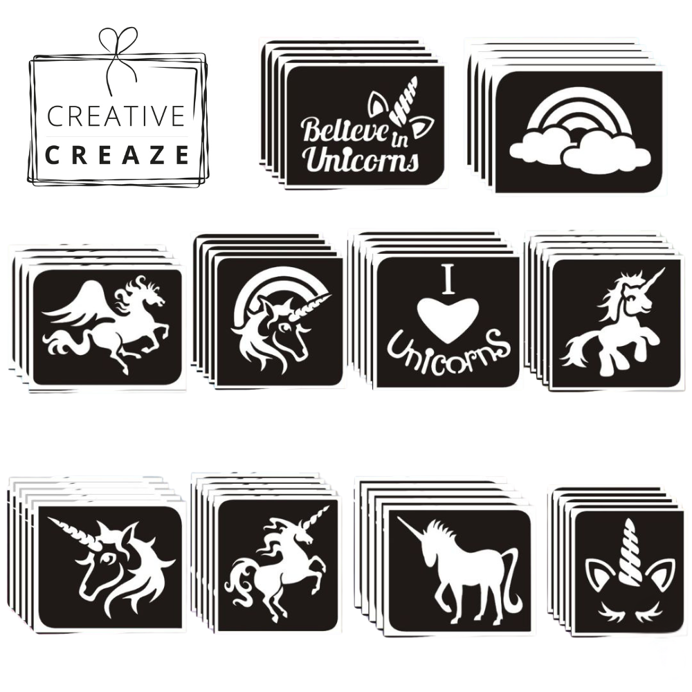 Assortiment glittertattoosjablonen Unicorns- 10 sjablonen