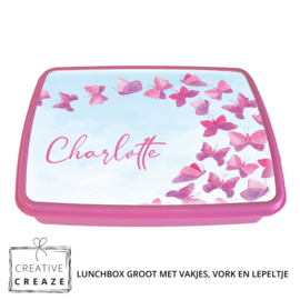 Lunchbox met naam | Roze vlinders