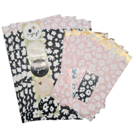 Mix pakket Flowers Black - Pink | Cadeauzakjes, cadeaulabels en stickers