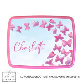 Lunchbox met naam | Roze vlinders