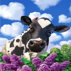 een koe achter bloemen 40X50 CM