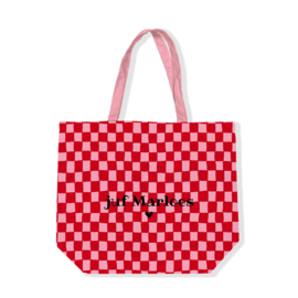 Fleurige canvas tas met naam | roze met rood geblokt