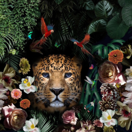Leopard with Parrots and Flowers