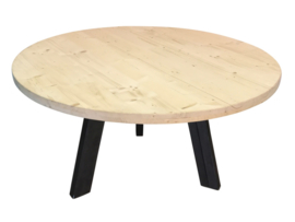 Tafel rond steigerhout en 3poot stalen onderstel