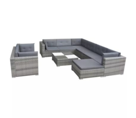 10-delige Loungeset met kussens poly rattan grijs