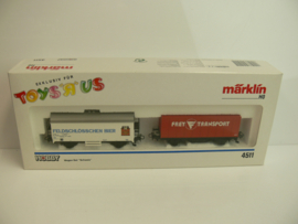 Marklin H0  goederenwagen set Schweiz: 1 Bierwagen FELDSCHLÖSSCHEN Bier / Containerwagen FREY transport Exclusiv Toys R Us ovp 4511