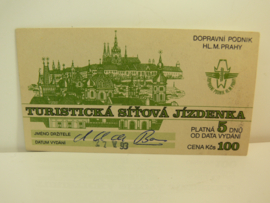 Openbaar vervoer toeristen kaart uit 1993 Praag 100 kroon