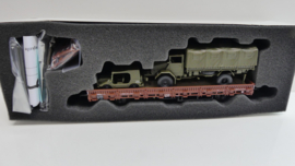 Roco H0 Goederenwagon Schwenkrungenwagen KS 56 DB, beladen met  5t MAN + DKW Munga ovp 67806 Wisselstroom