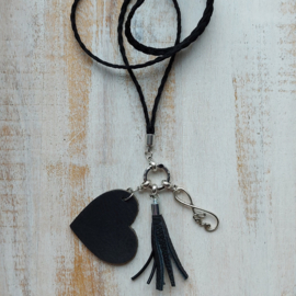 Lange leren ketting zwart met ring en te wisselen hangers 'Infinity'