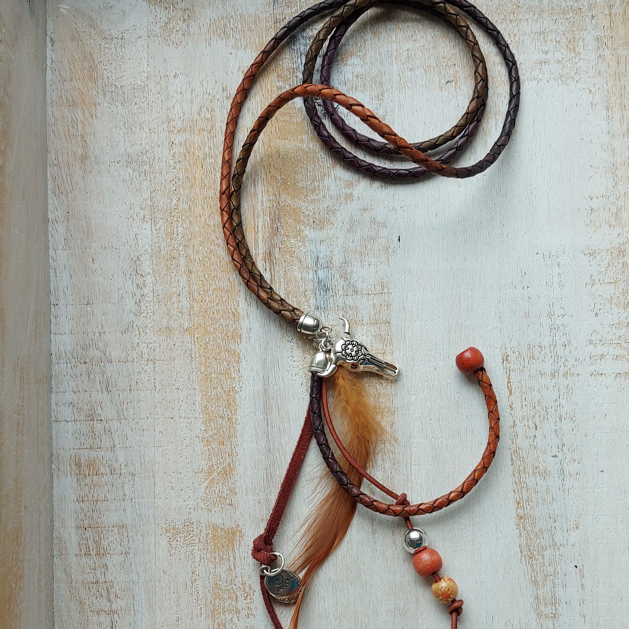 Lange leren, bruinrode ketting met kleurverloop 'Sharon 2'