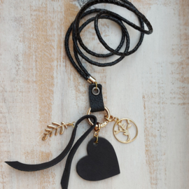 Lange leren ketting zwart met ring en te wisselen hangers