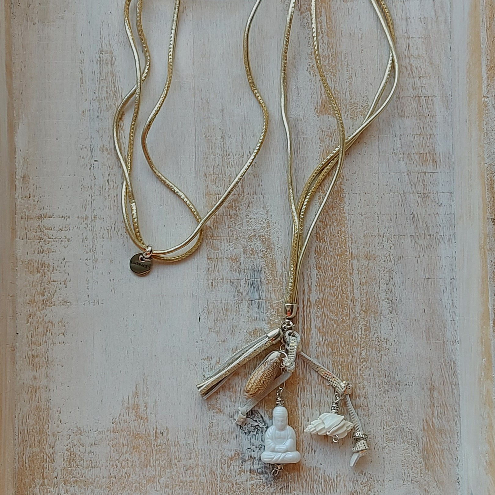 Lange lichtgouden leren ketting "Buddha"