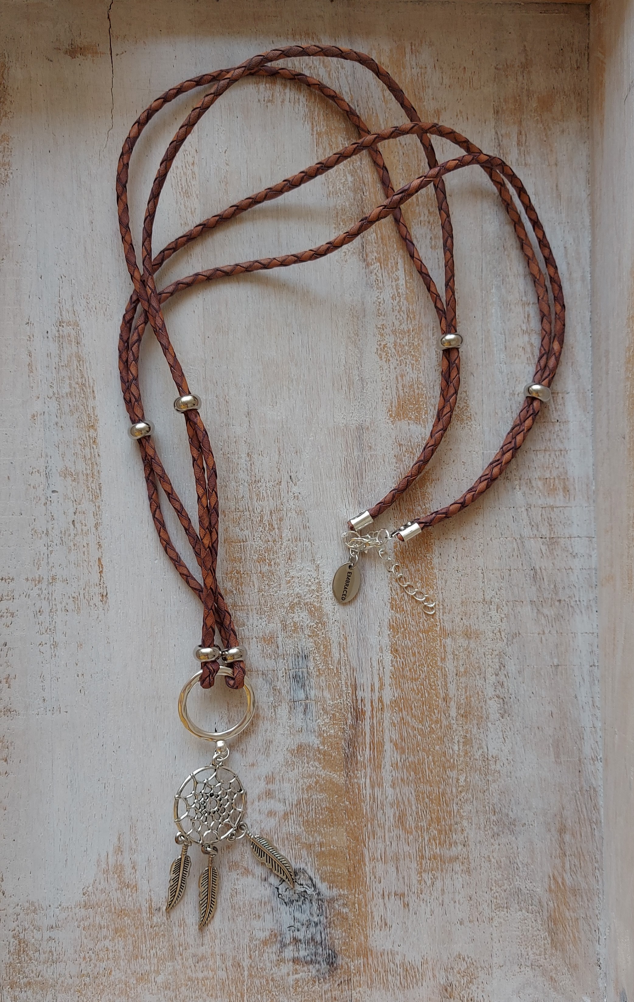 Lange bruine leren ketting "Dreamcatcher"