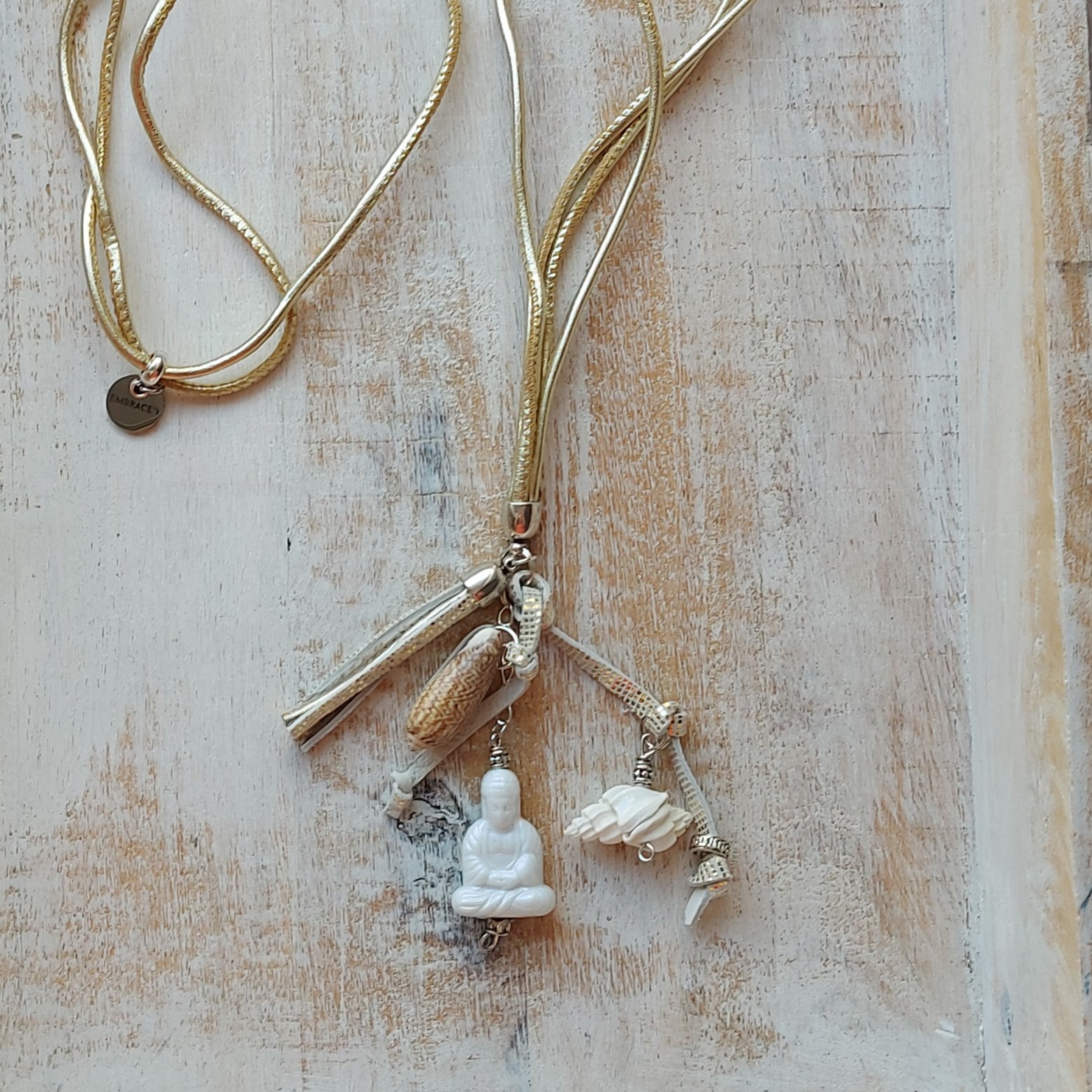 Lange lichtgouden leren ketting "Buddha"