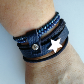 Set van blauwleren armband met 2 glasfacet-armbanden